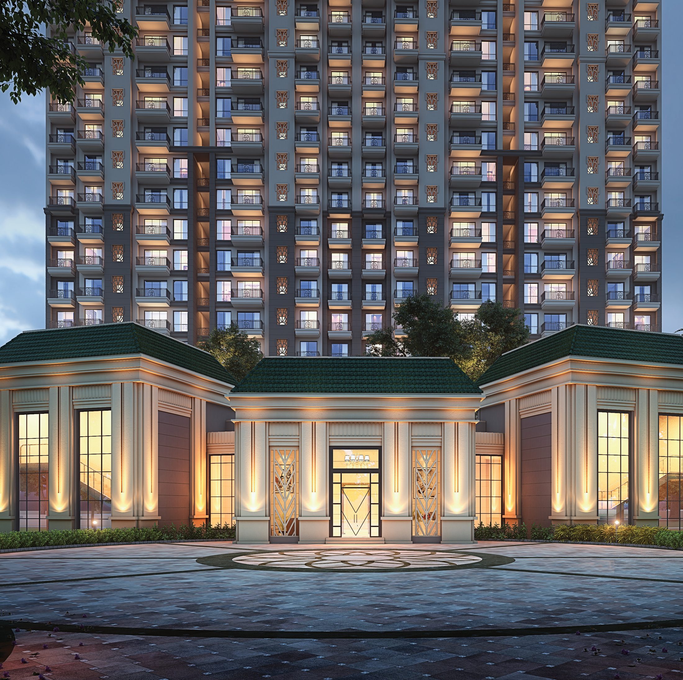 Neoclassical clubhouse entrance at ATS Destinaire, lit at dusk