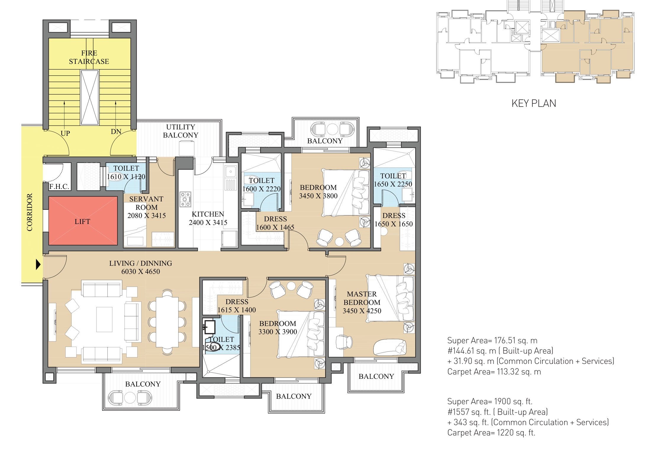 Type B unit plan, 3 BHK + servant, 1,900 sq.ft
