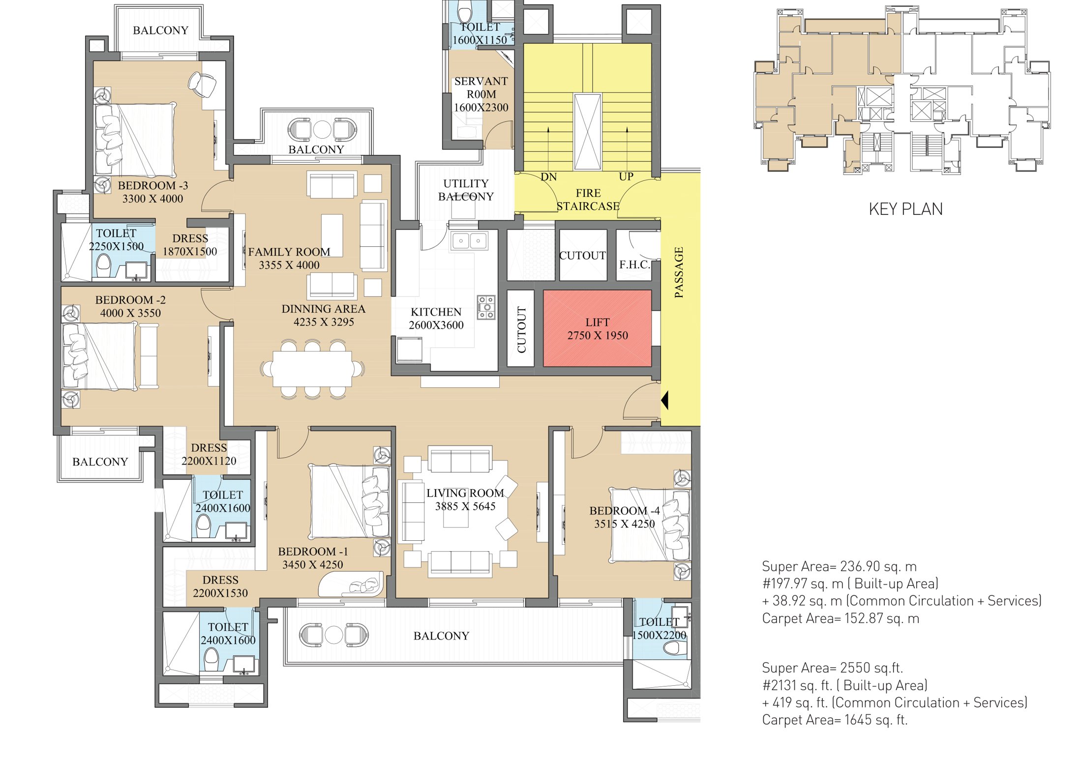 Type A unit plan, 4 BHK + servant, 2,550 sq.ft