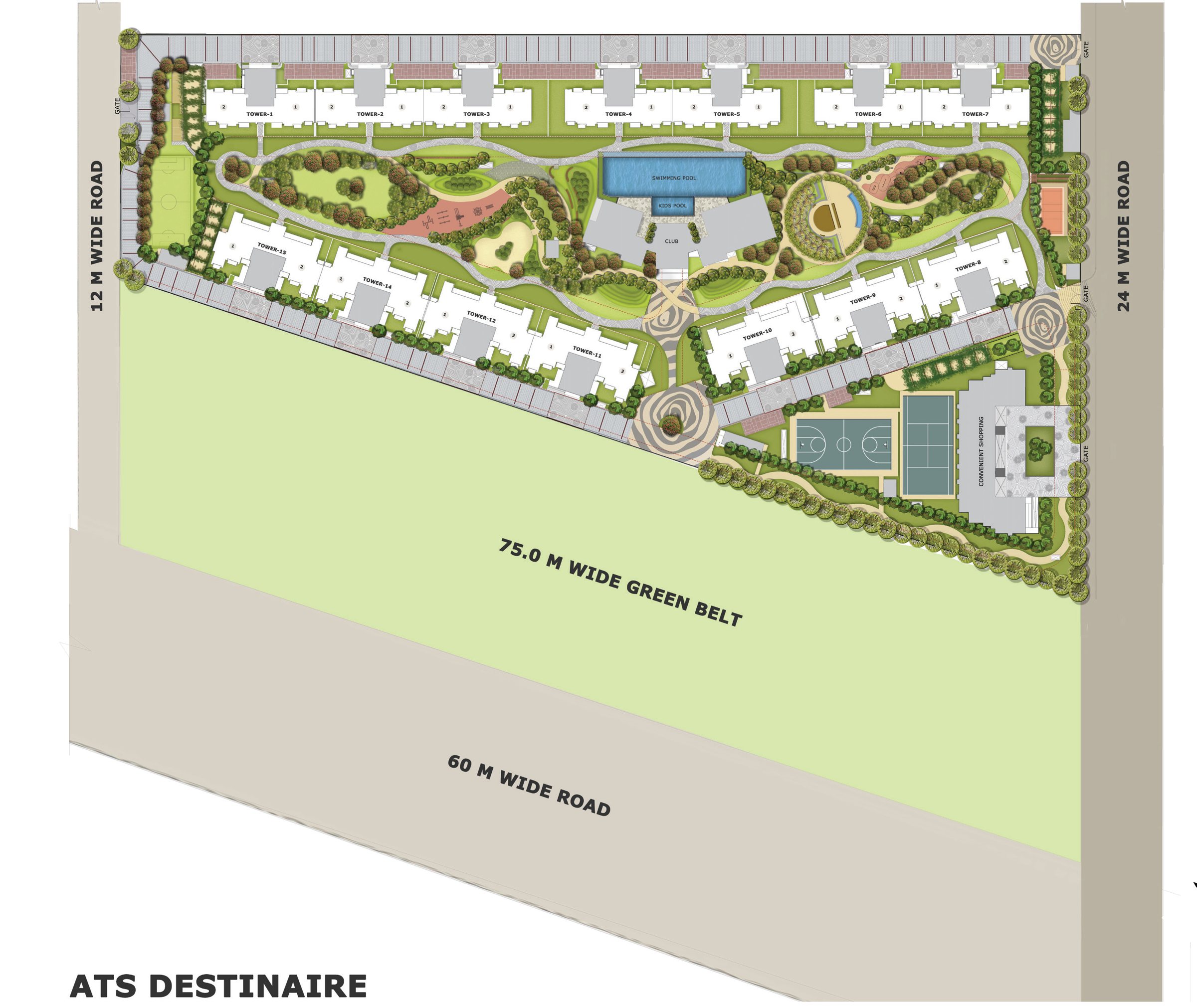 ATS Destinaire site plan with towers, gardens and the 75 m green belt