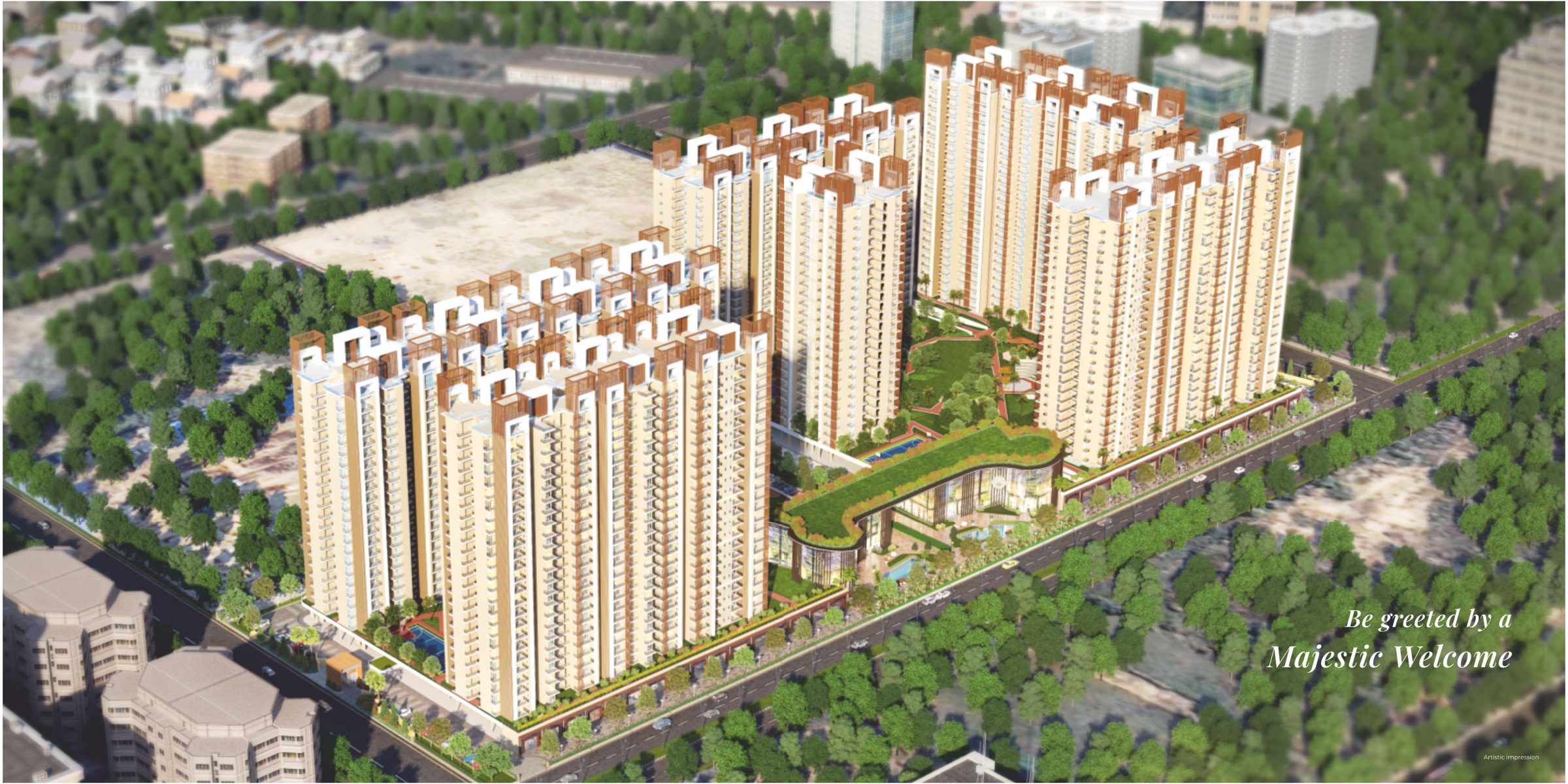 Aerial view of The Brook & Rivulet towers and central greens