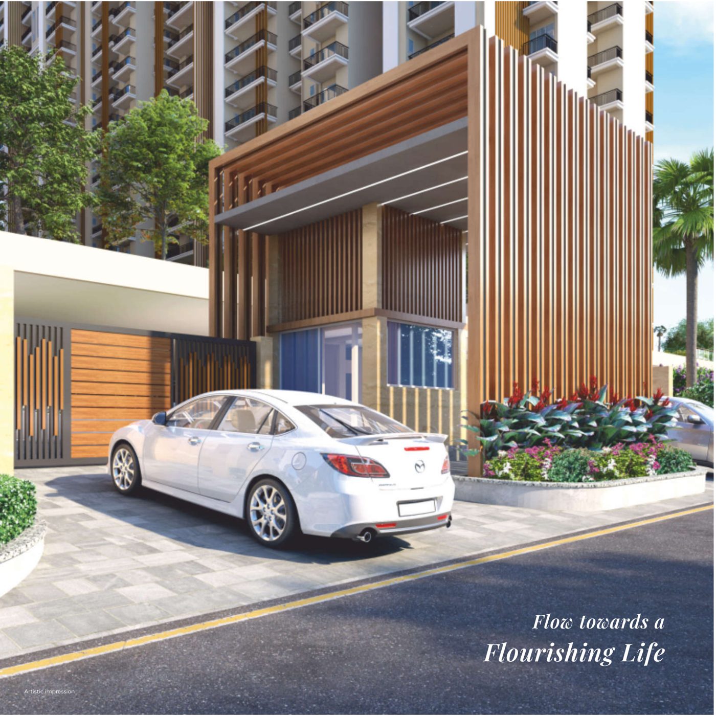 Tower drop-off with timber-clad porte-cochere