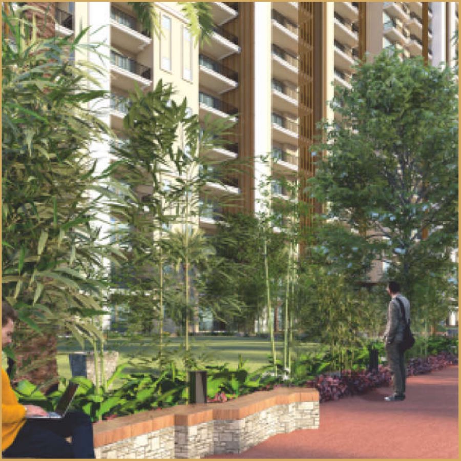 Green walkway between towers
