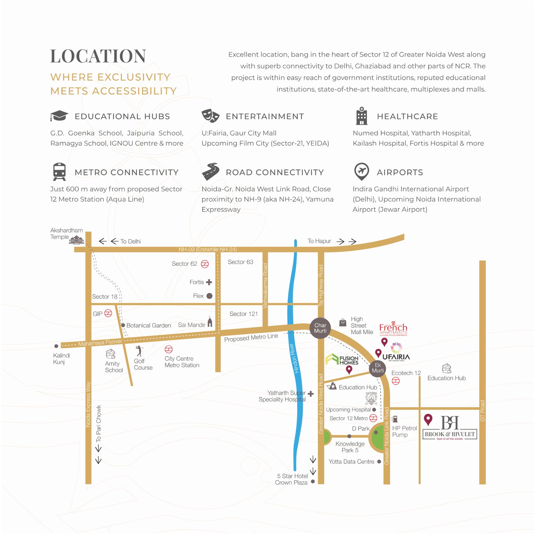 Brook & Rivulet location map, Sector 12, Greater Noida West