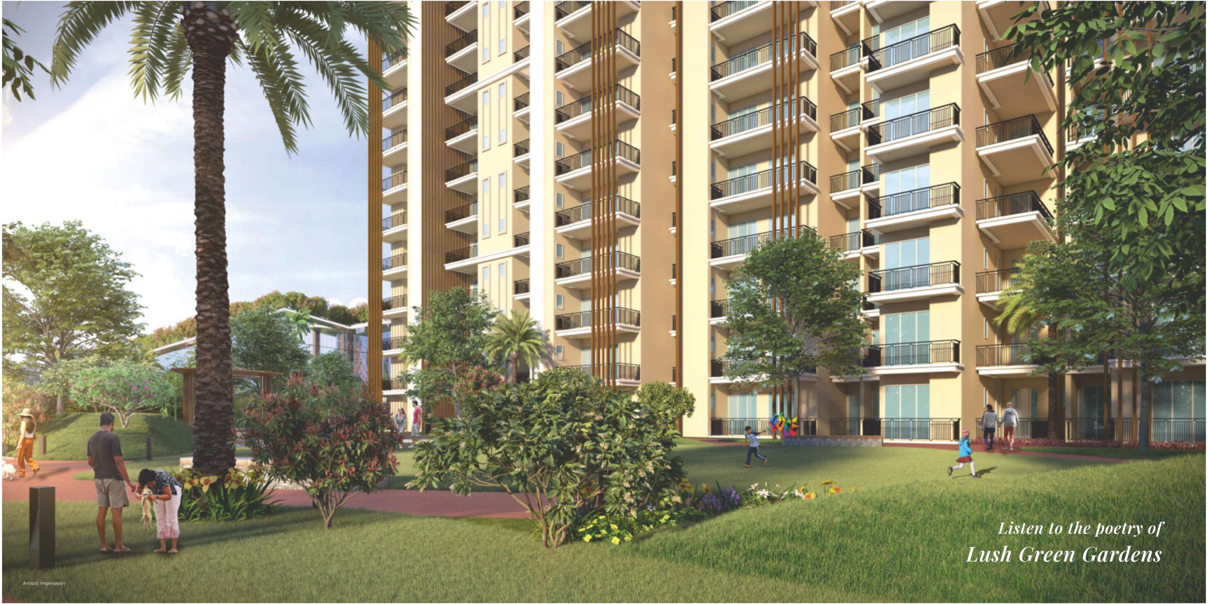 Lush green gardens between the towers