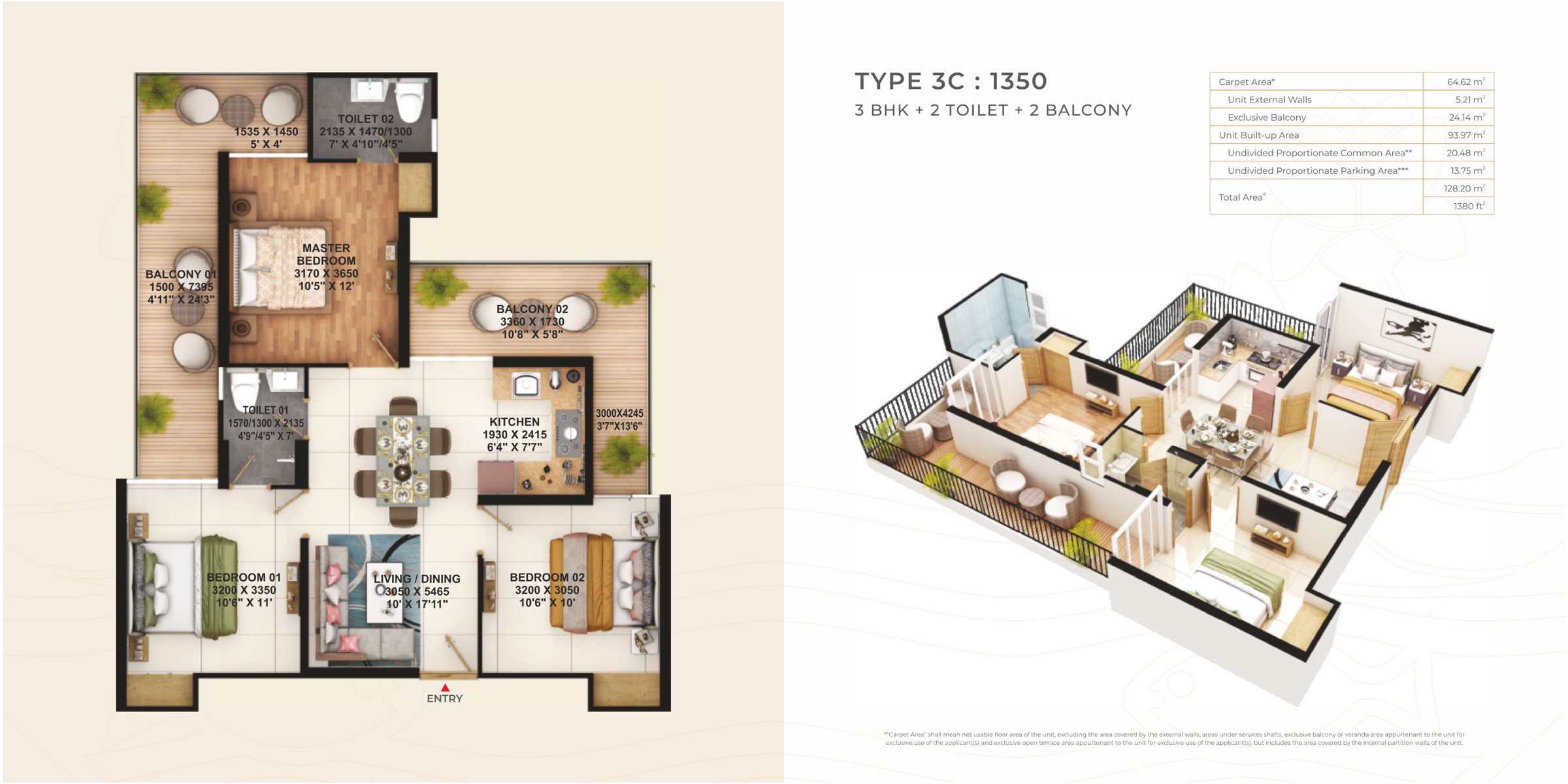 Type 3C unit plan, 3 BHK, 1,350 sq.ft