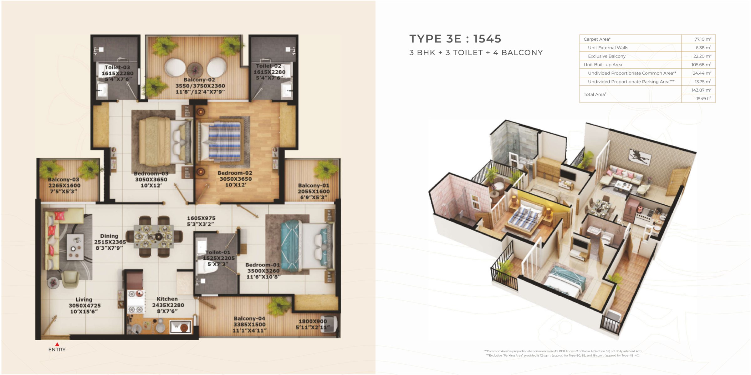Type 3E unit plan, 3 BHK, 1,545 sq.ft