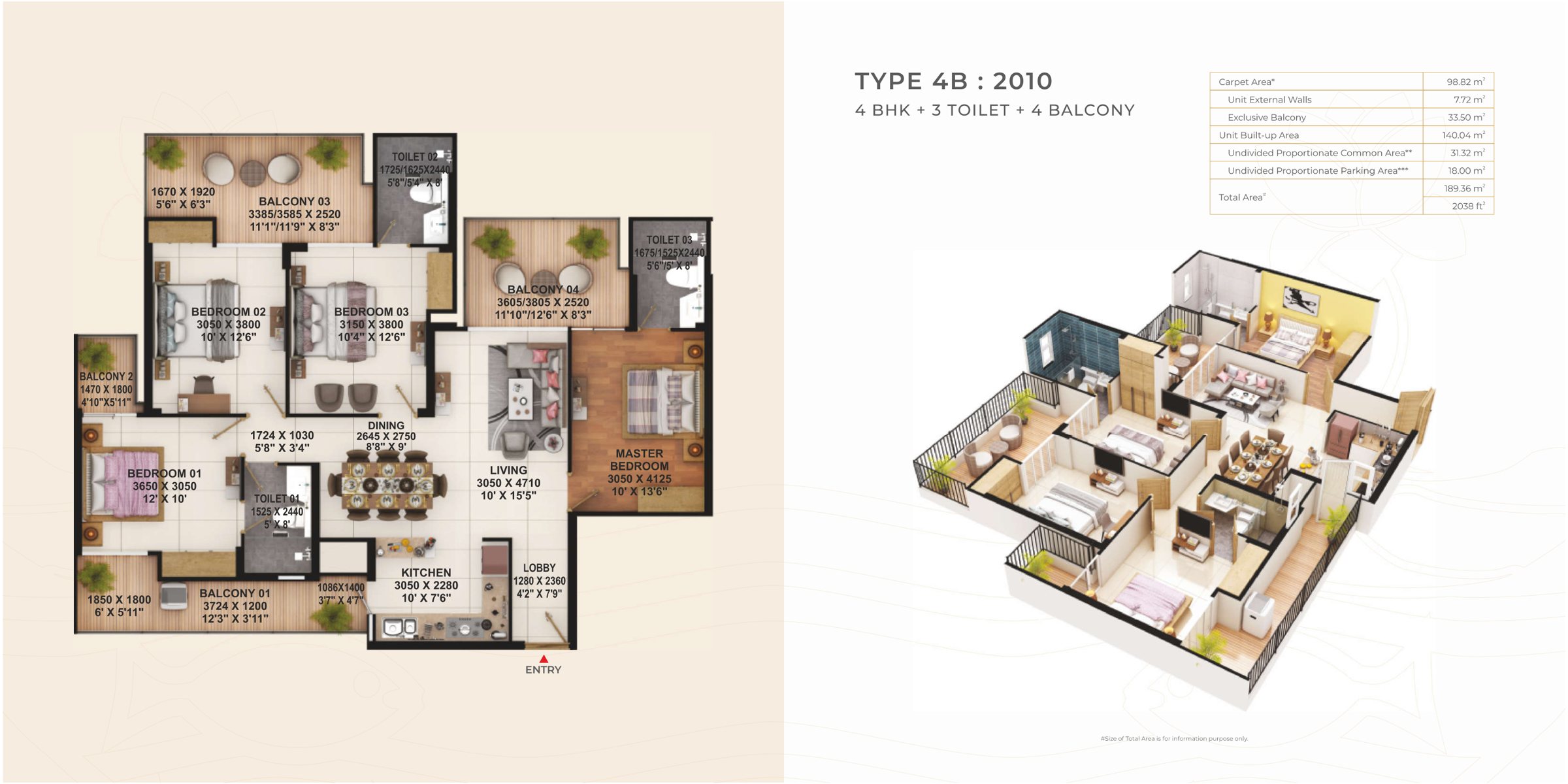 Type 4B unit plan, 4 BHK, 2,010 sq.ft