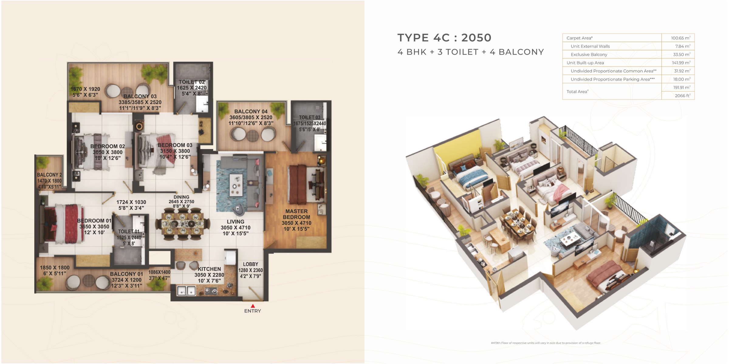 Type 4C unit plan, 4 BHK, 2,050 sq.ft