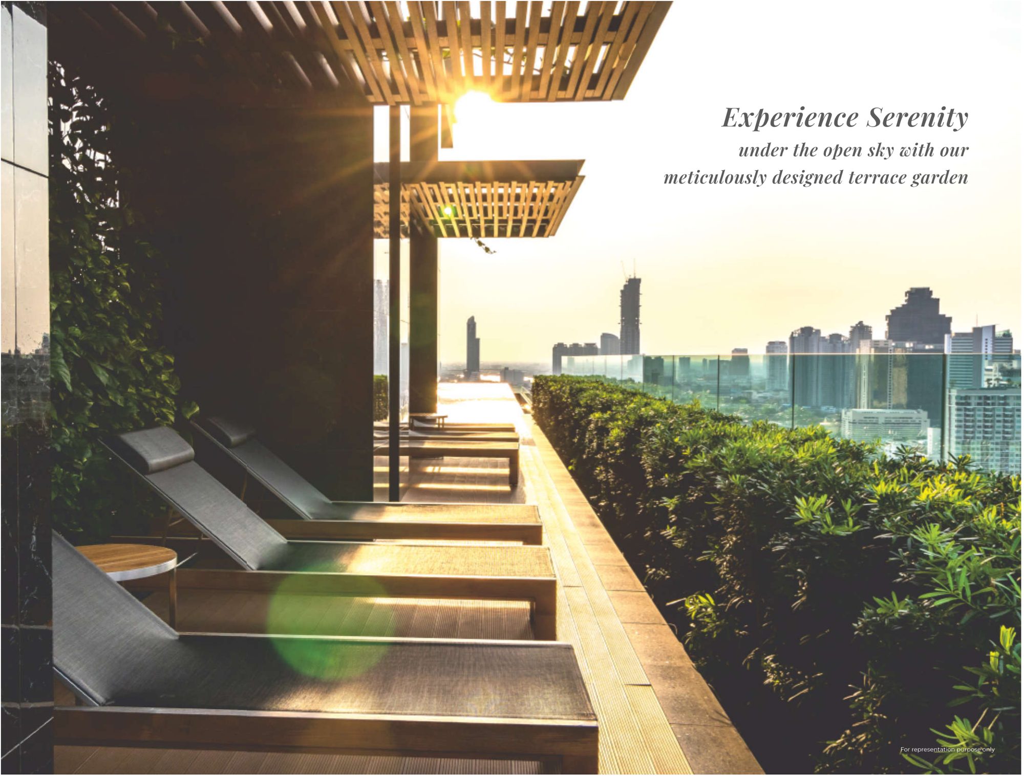 Terrace garden loungers at sunset overlooking the city