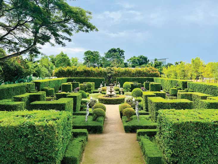 Topiary and hedge garden with a central fountain