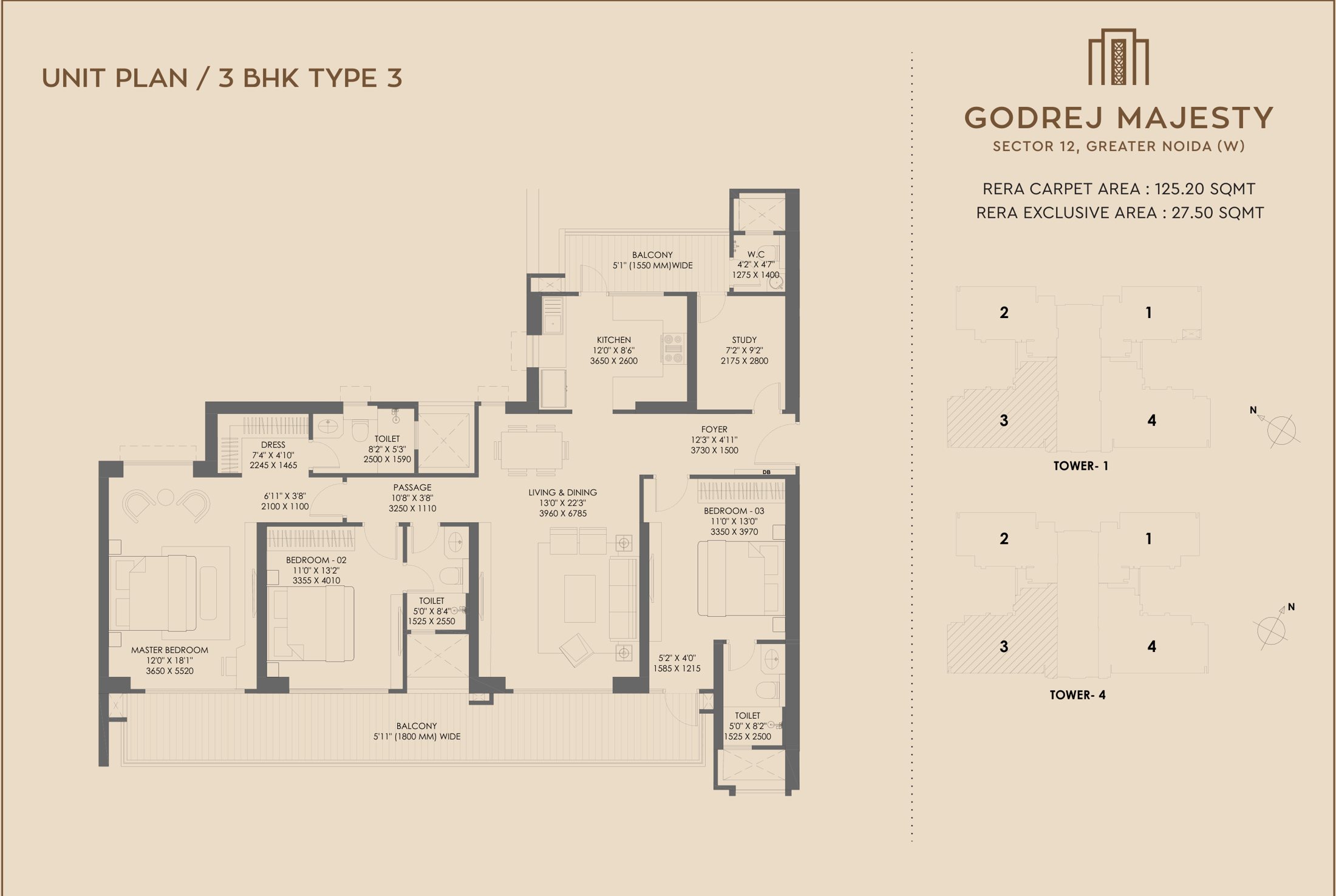 Unit plan — 3 BHK + Study, 2,368 sq.ft