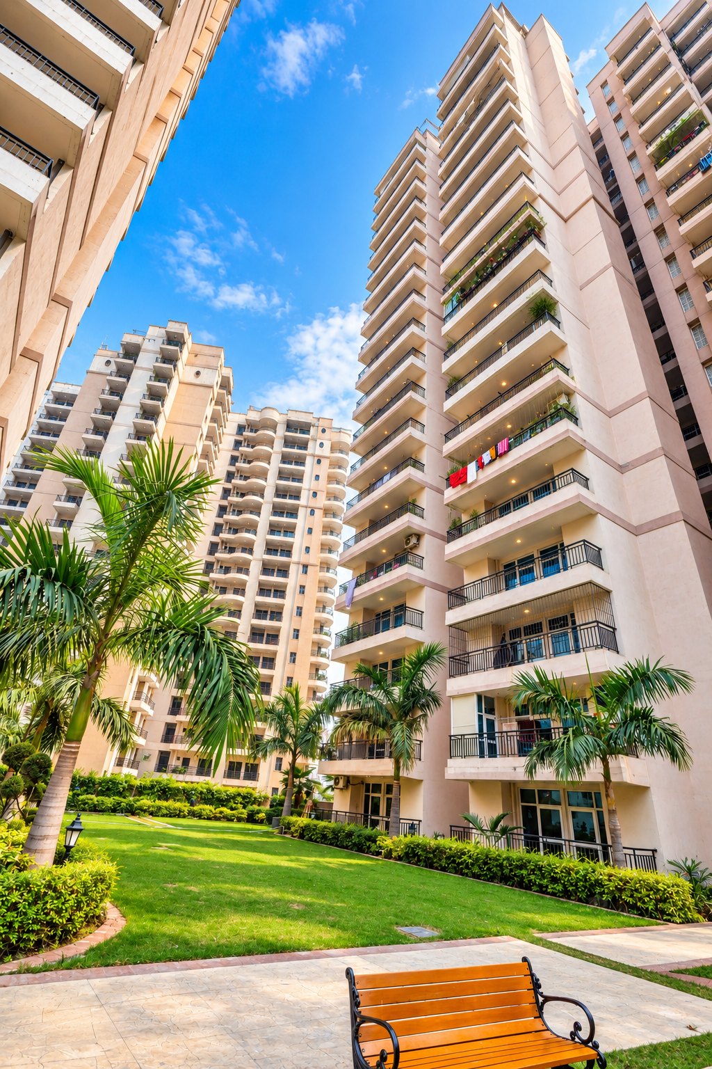 Palm-lined landscaped garden between the towers at JKG Palm Court
