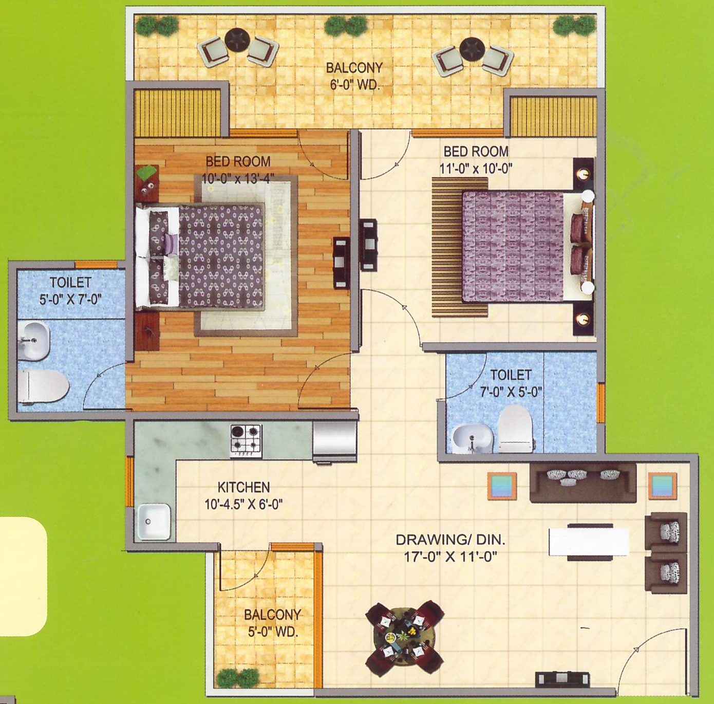 Floor plan — 2 BHK, 1,090 sq.ft