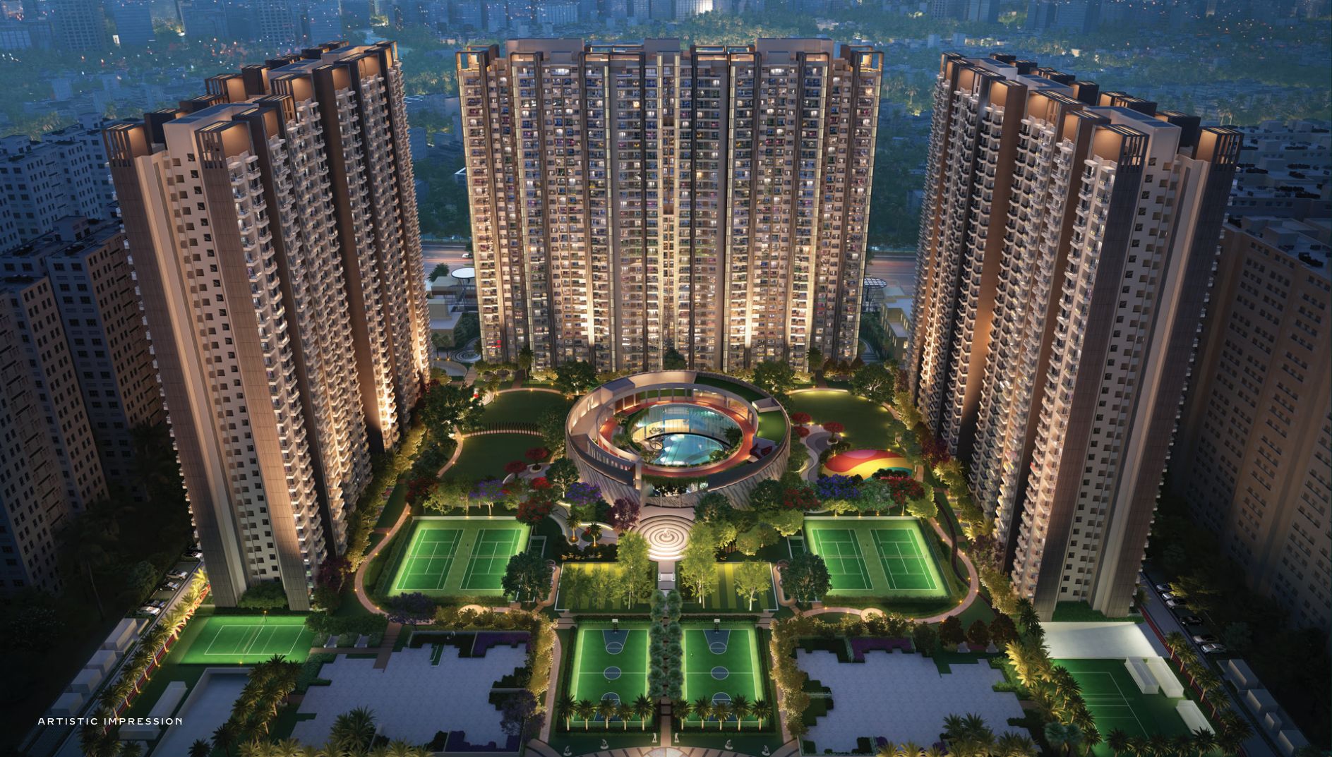 Aerial view of Palm Olympia towers, courts and gardens