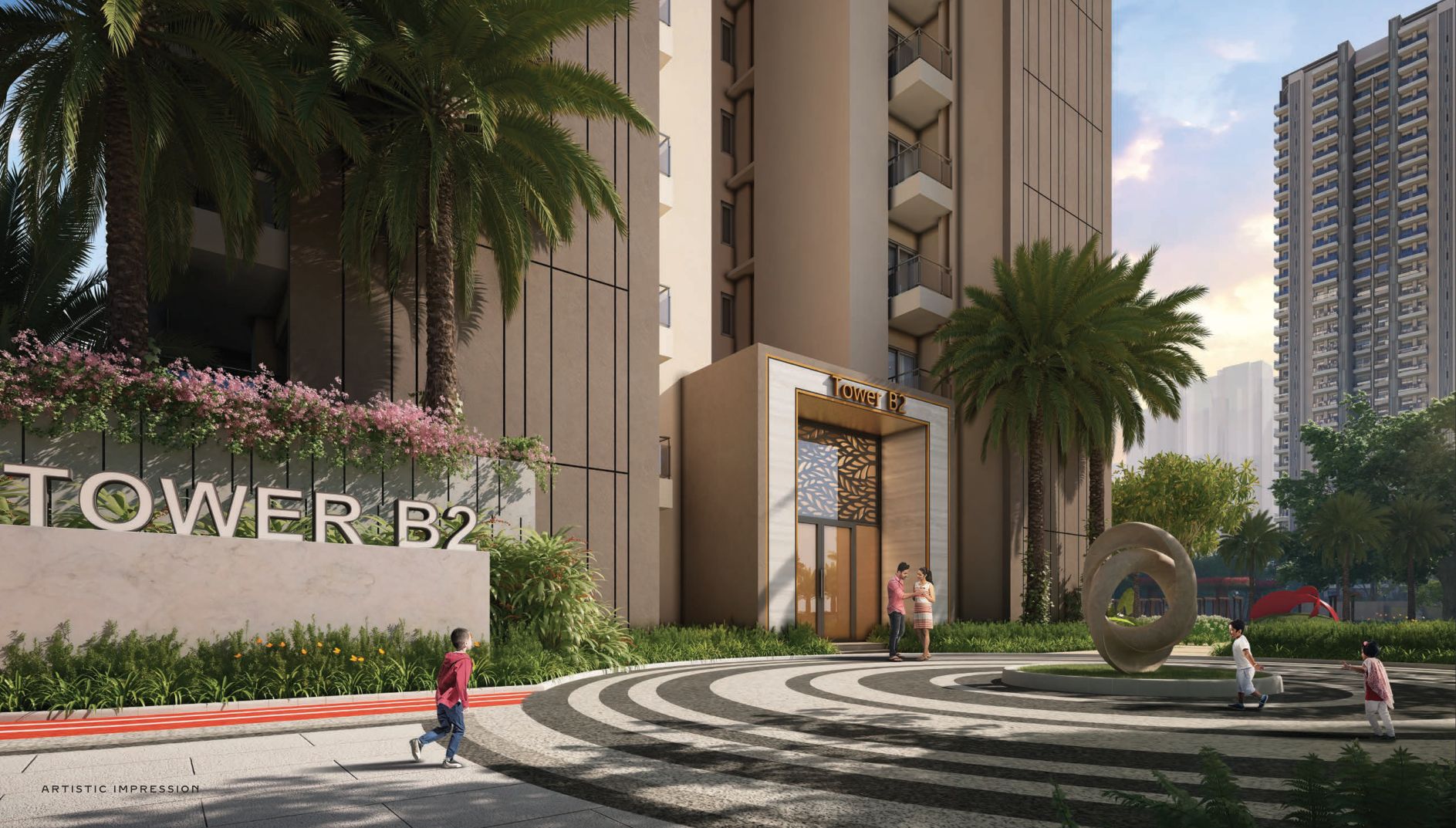 Goldspire tower entrance with landscaped drop-off