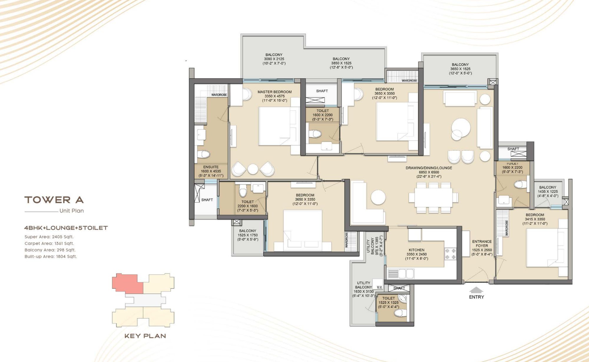 Goldspire 4 BHK + Lounge unit plan, 2,405 sq.ft