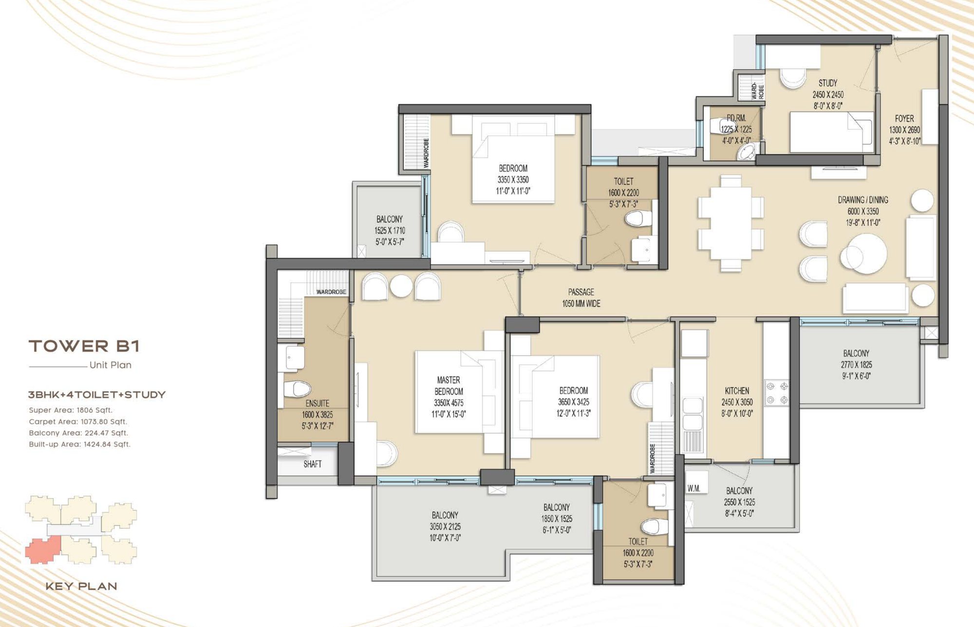 Goldspire 3 BHK + Study unit plan, 1,806 sq.ft