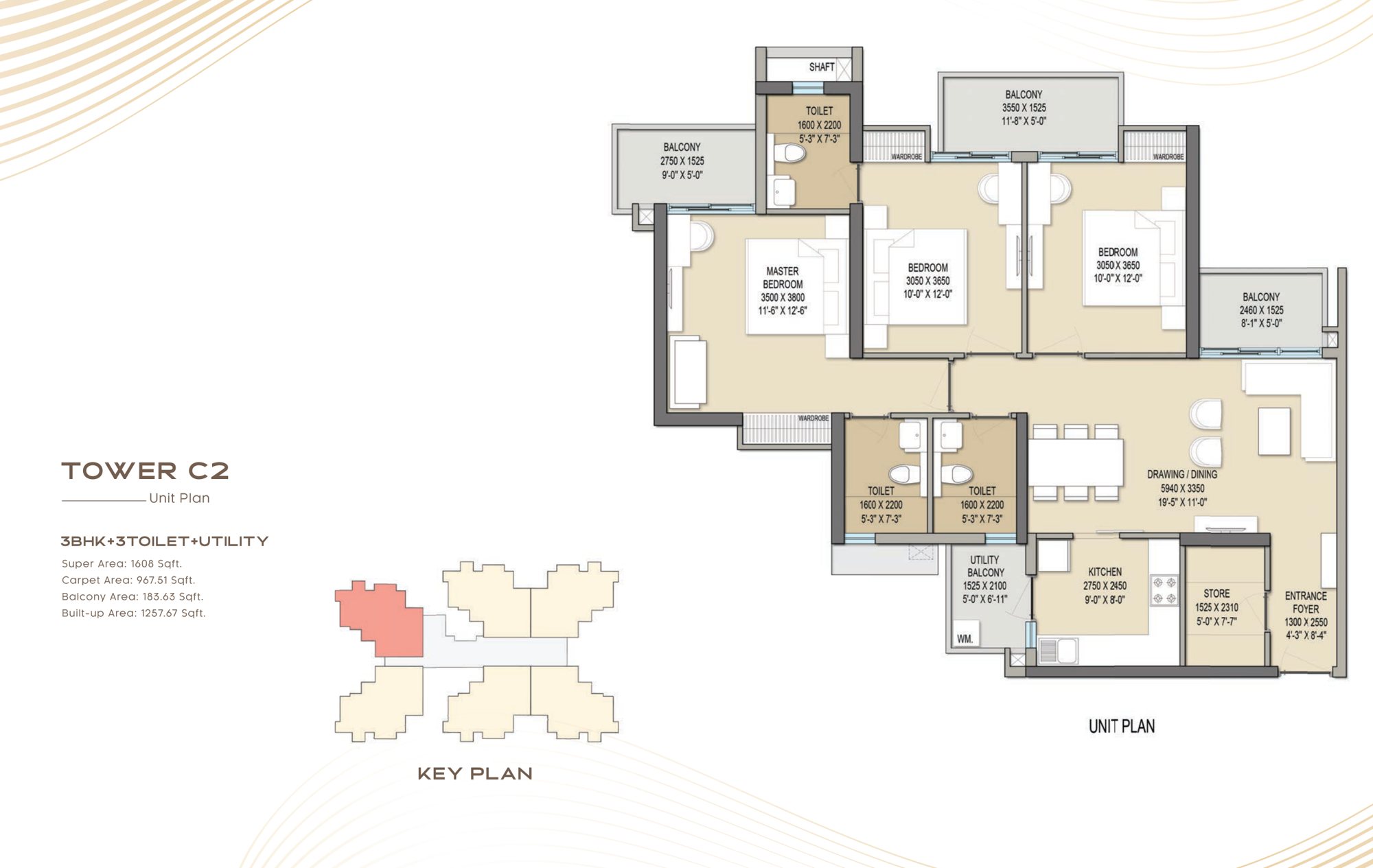 3 BHK + 3 toilets + utility unit plan, 1,608 sq.ft