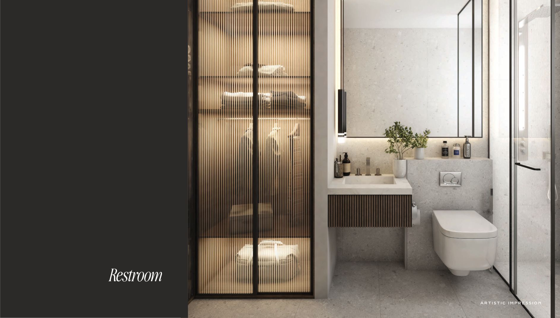 Goldspire restroom with marble vanity