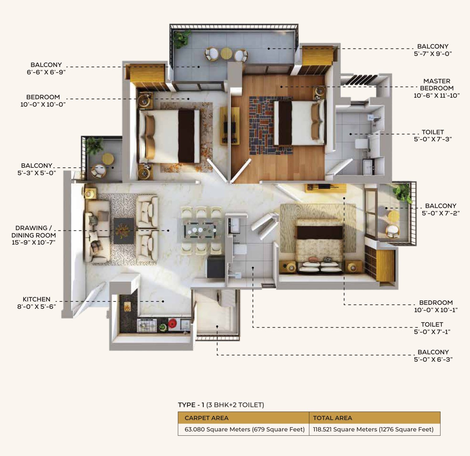 3 BHK + 2 toilet unit plan, 1,276 sq.ft