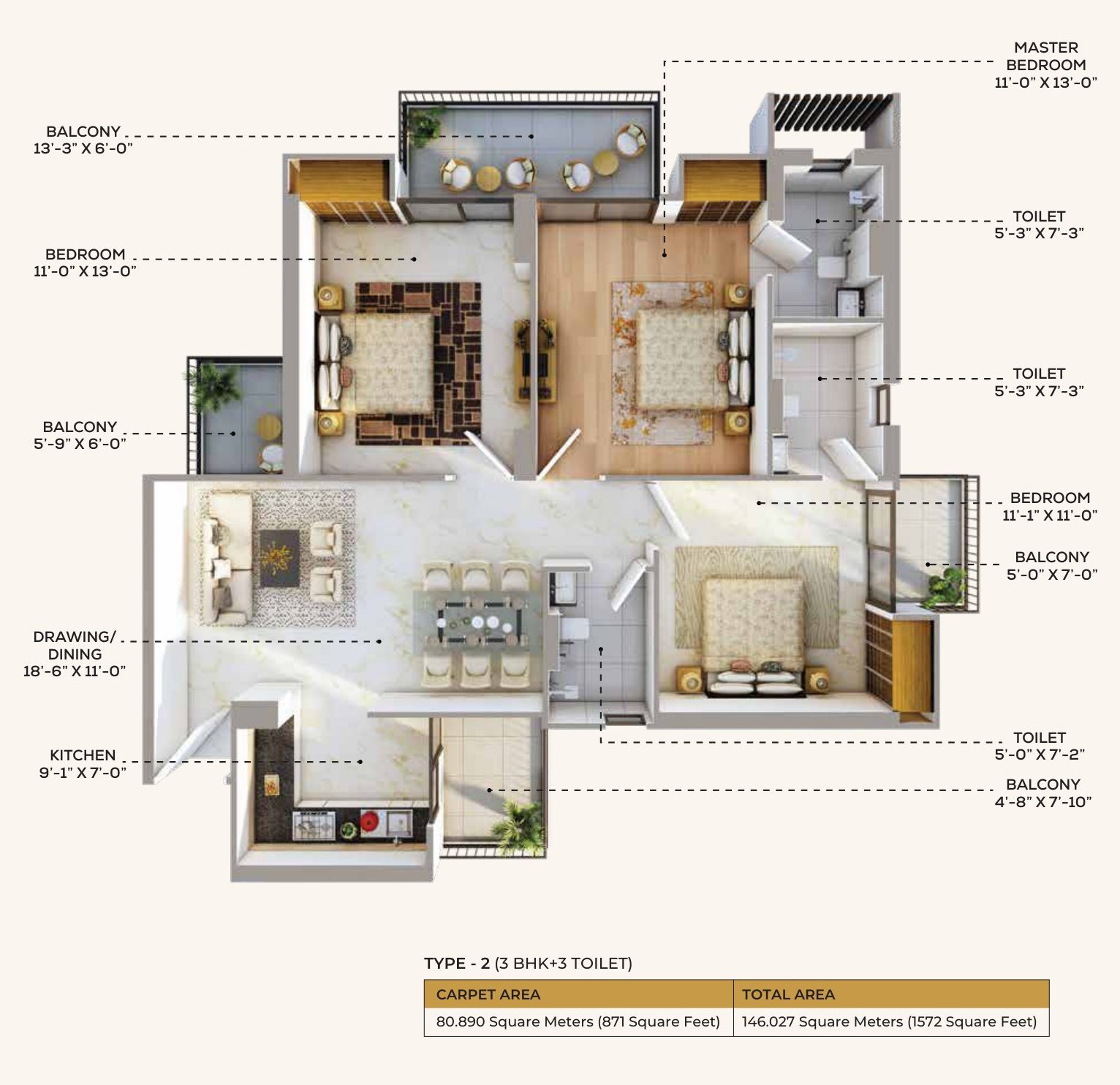 3 BHK + 3 toilet unit plan, 1,572 sq.ft