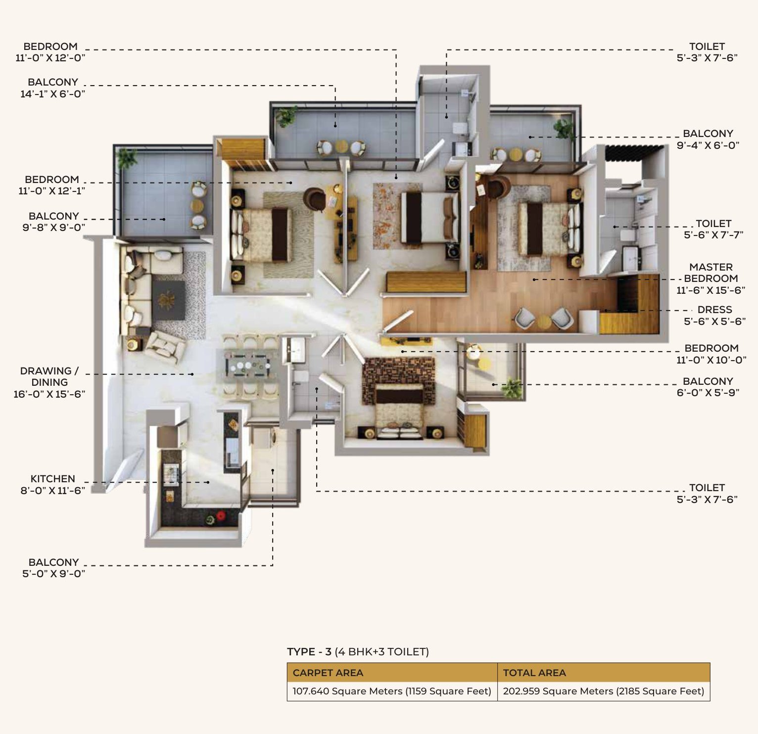 4 BHK + 3 toilet unit plan, 2,185 sq.ft