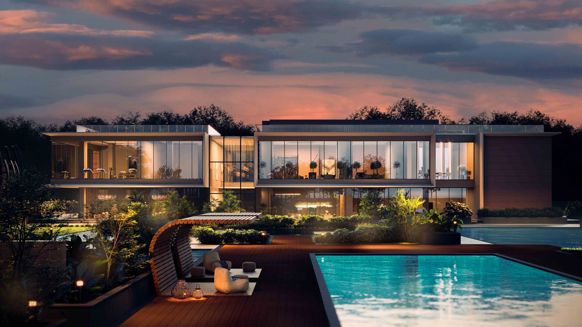 Clubhouse and pool deck at dusk