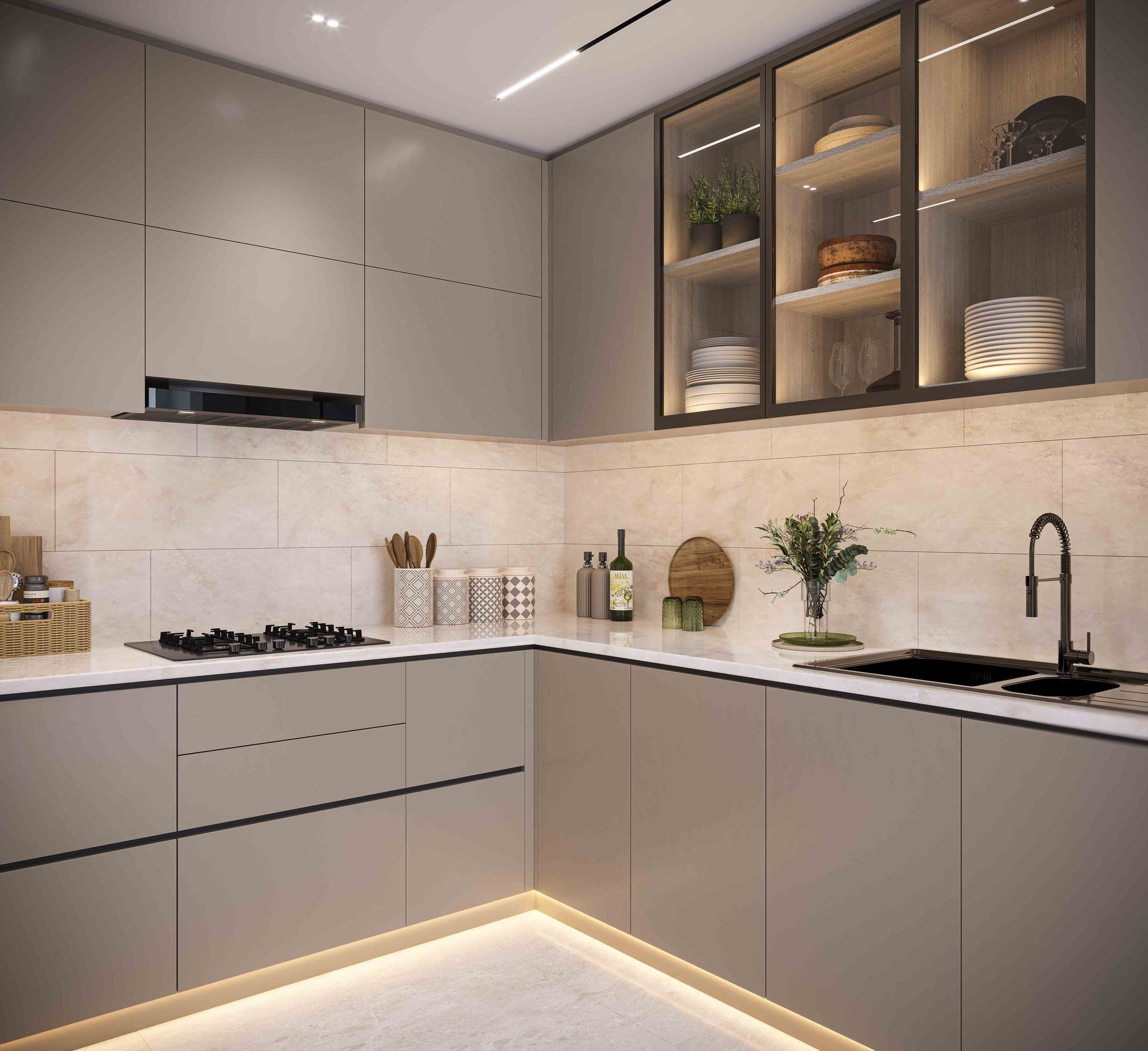 L-shaped kitchen with tall cabinets