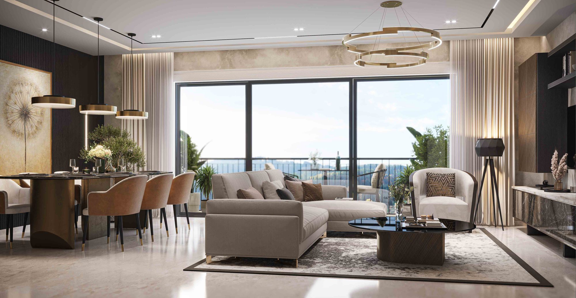 Living and dining room opening to a balcony