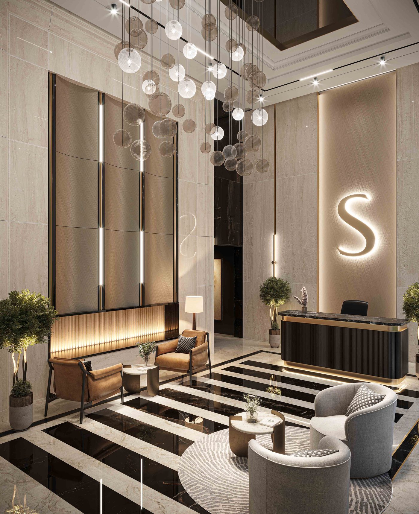 Double-height tower entrance lobby