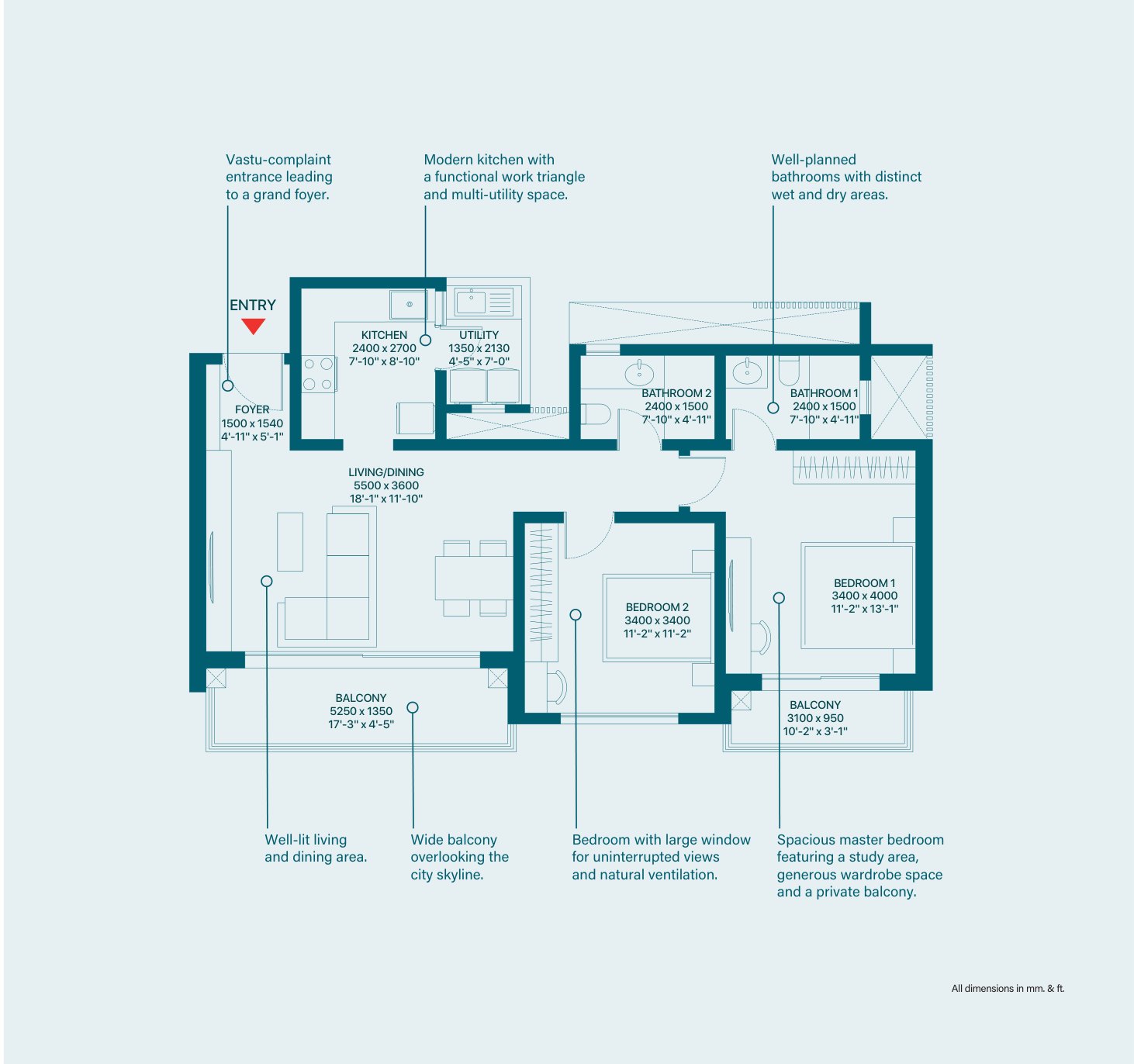 Floor plan — 2 Bed Residence, 1,374 sq.ft
