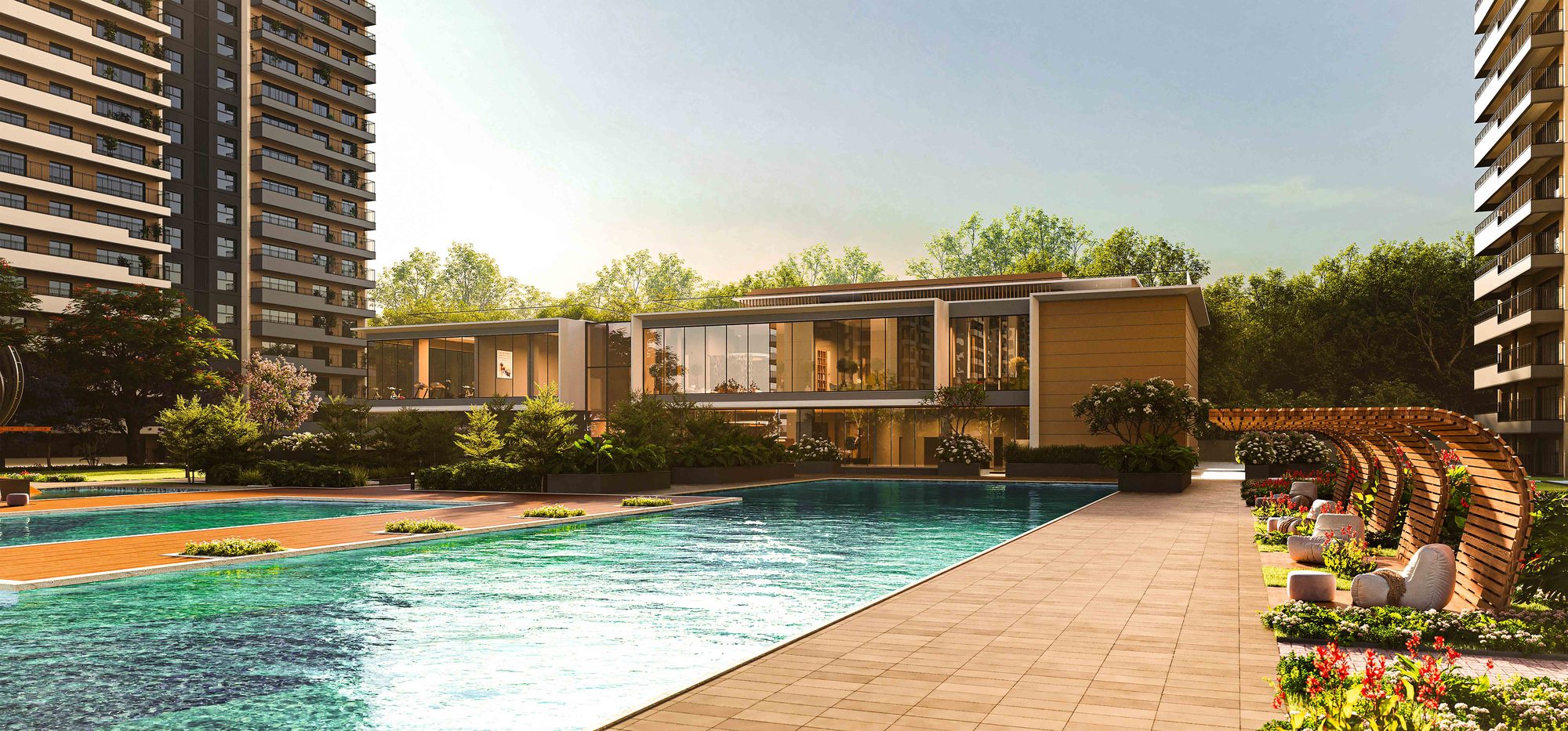 Lap pool lined by sun loungers