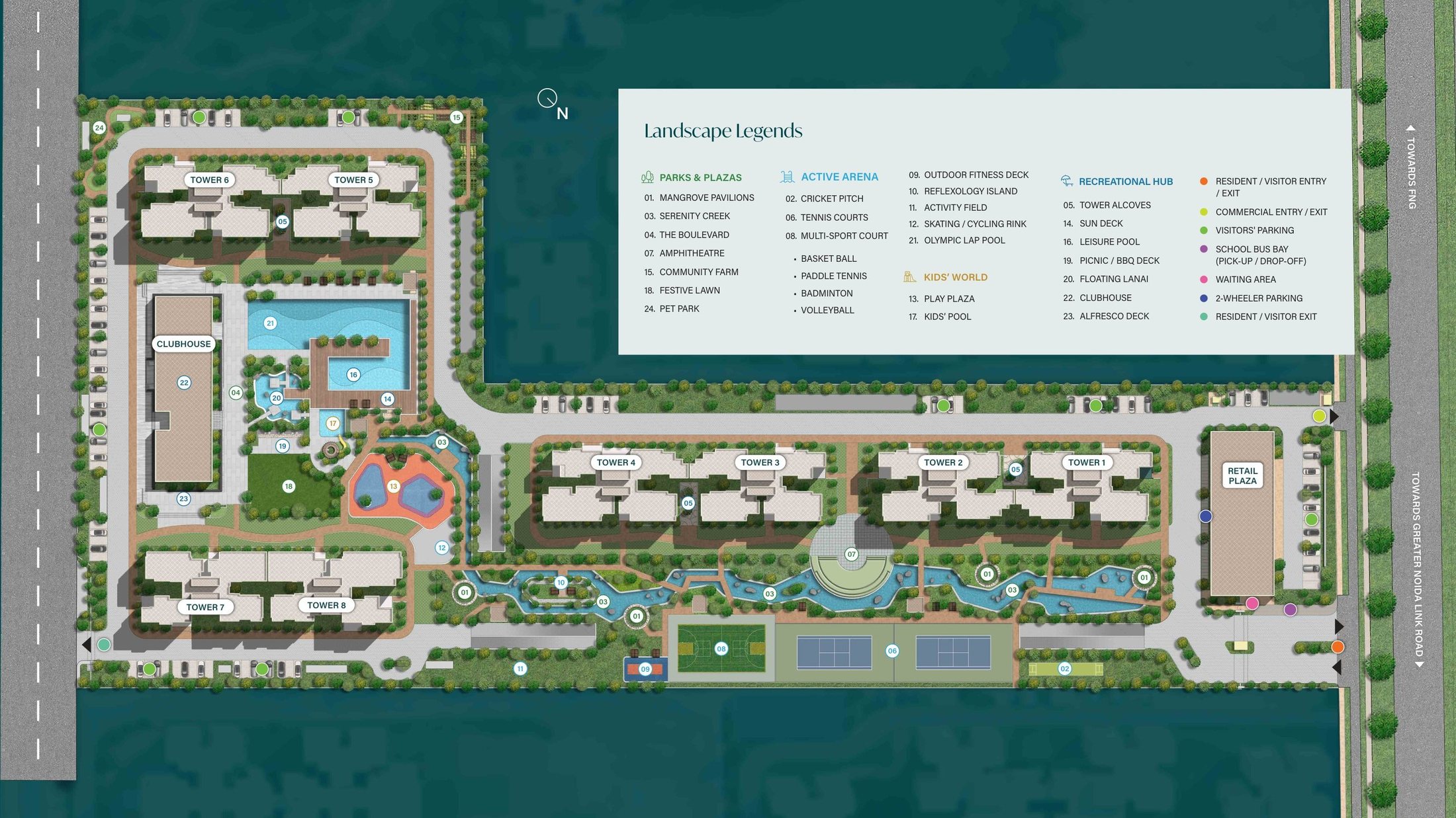 SOBHA Rivana master plan with eight towers, clubhouse, creek and courts