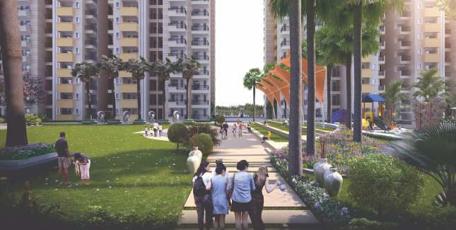 Landscaped central green walkway between the towers