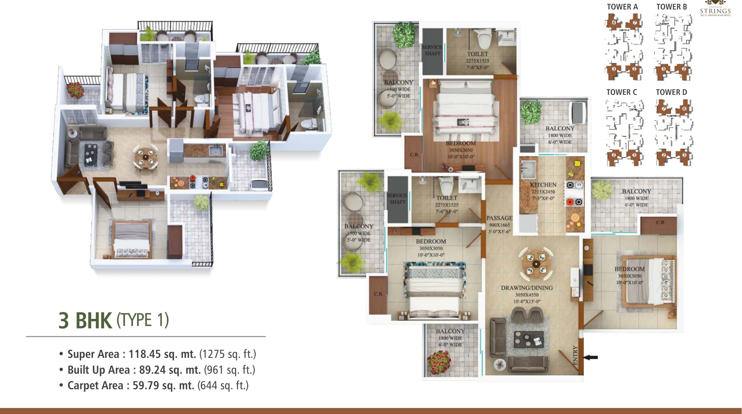 3 BHK Type 1 unit plan, 1,275 sq.ft