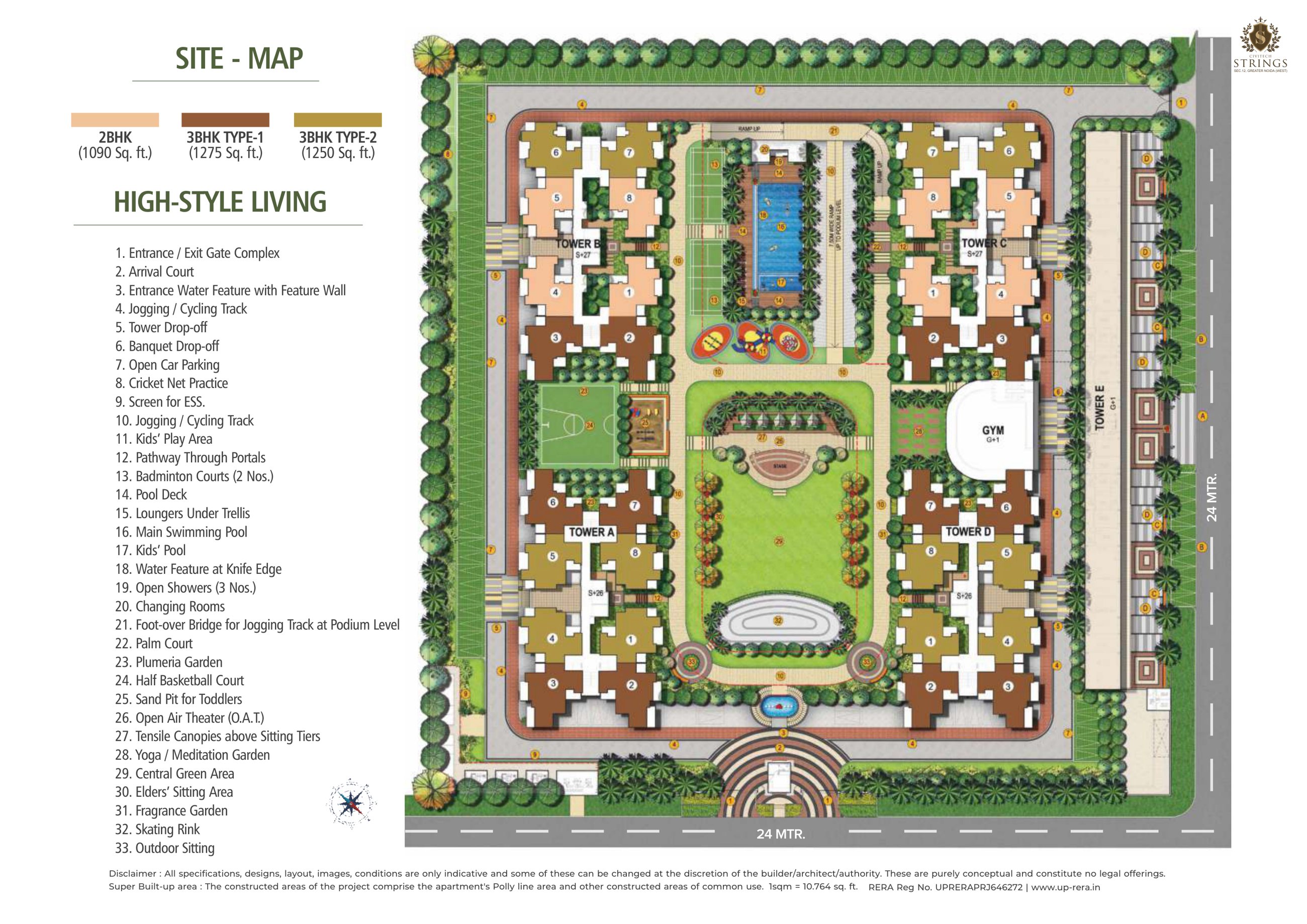 Civitech Strings site map with towers A to D and 33 landscape features