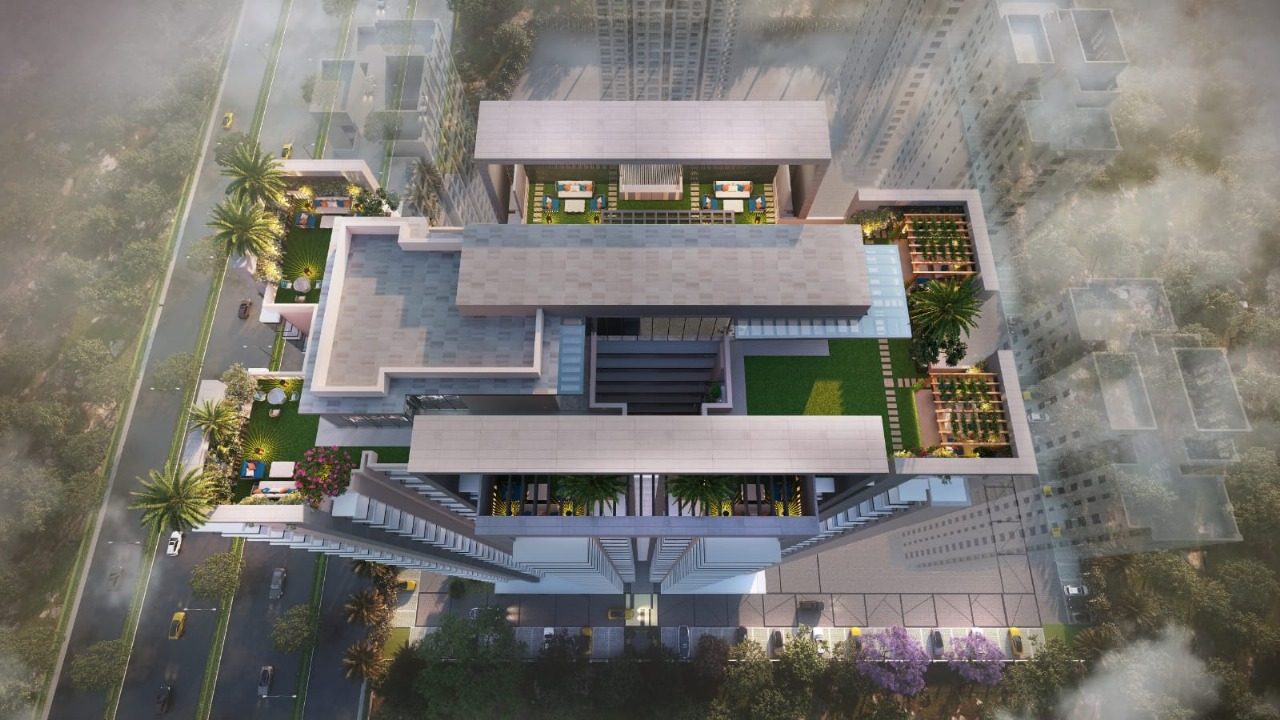 Aerial view of the Vridhi+ rooftop gardens, pergolas and podium