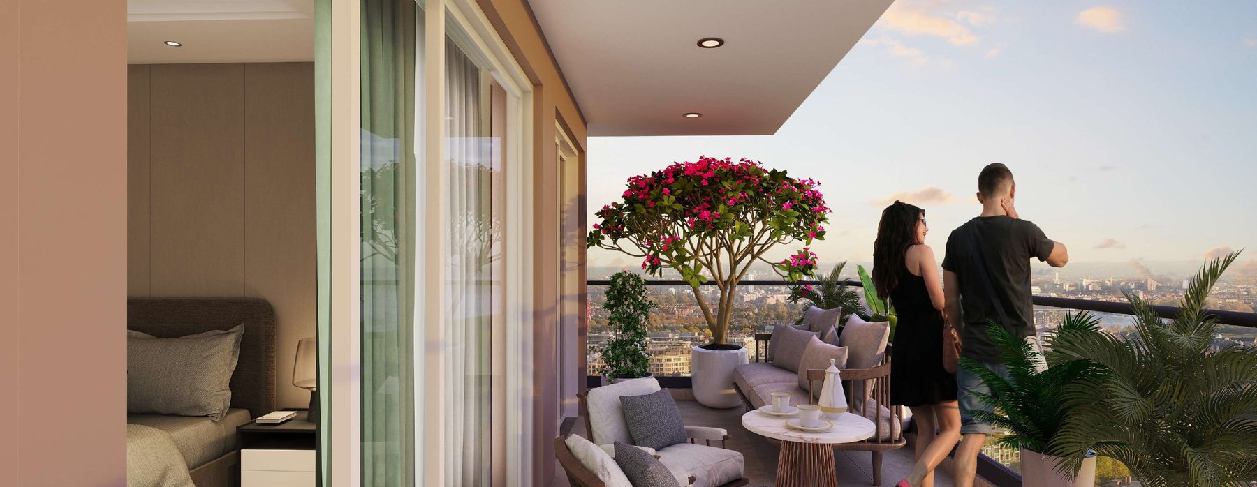 Wide balcony with seating and city views