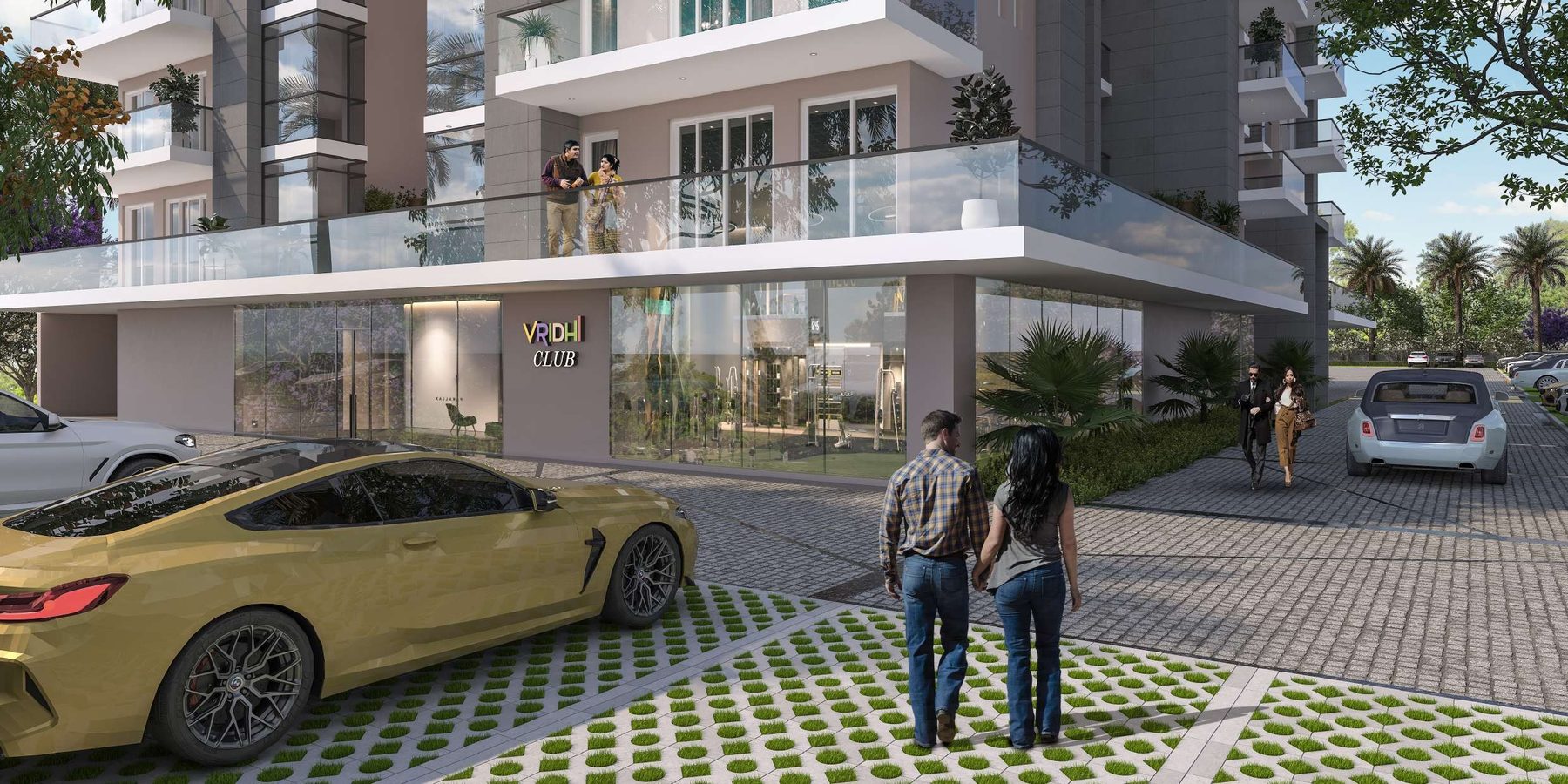 Vridhi Club entrance with landscaped drop-off