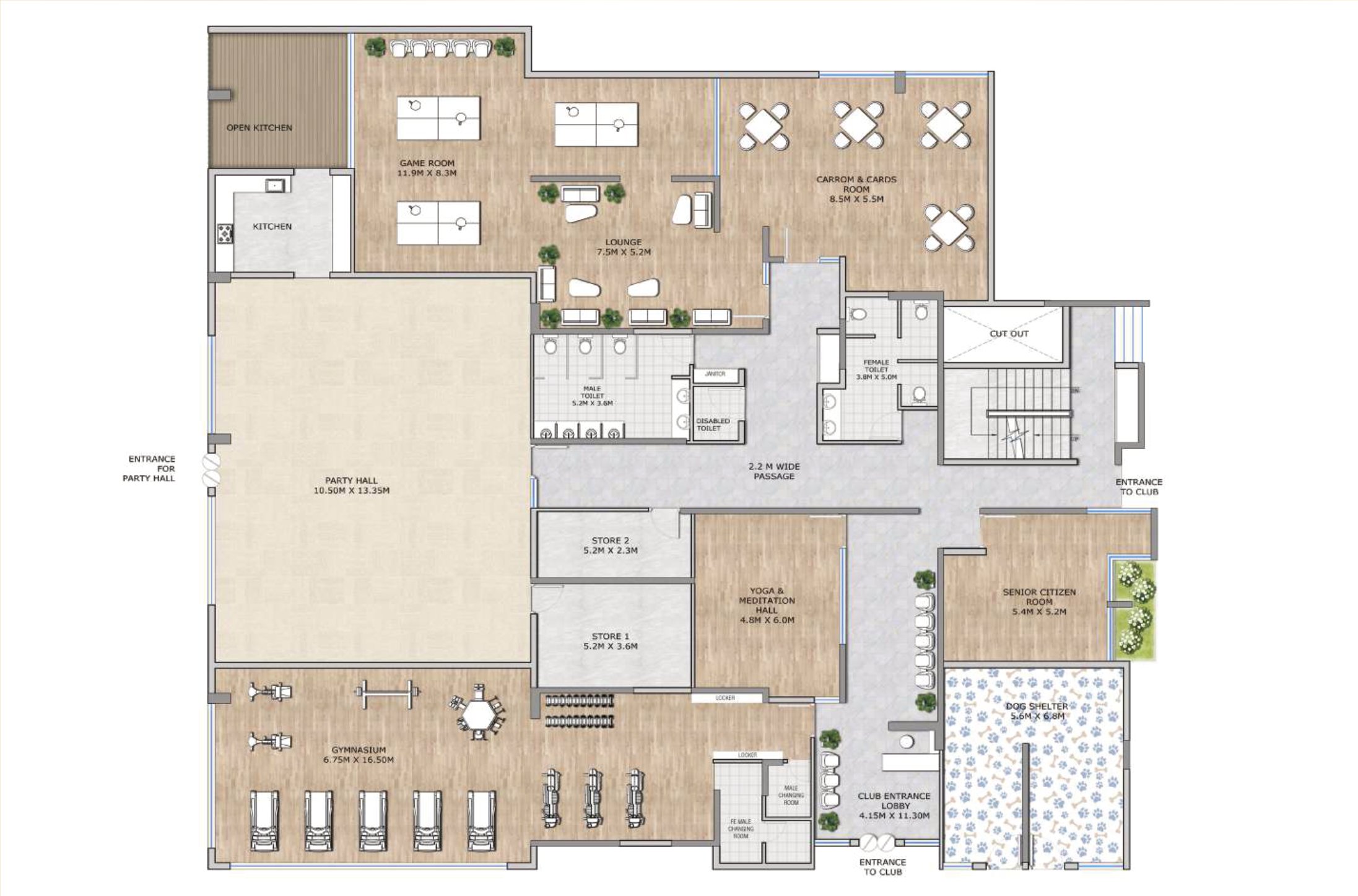 Vridhi Club floor plan with party hall, gym and games rooms