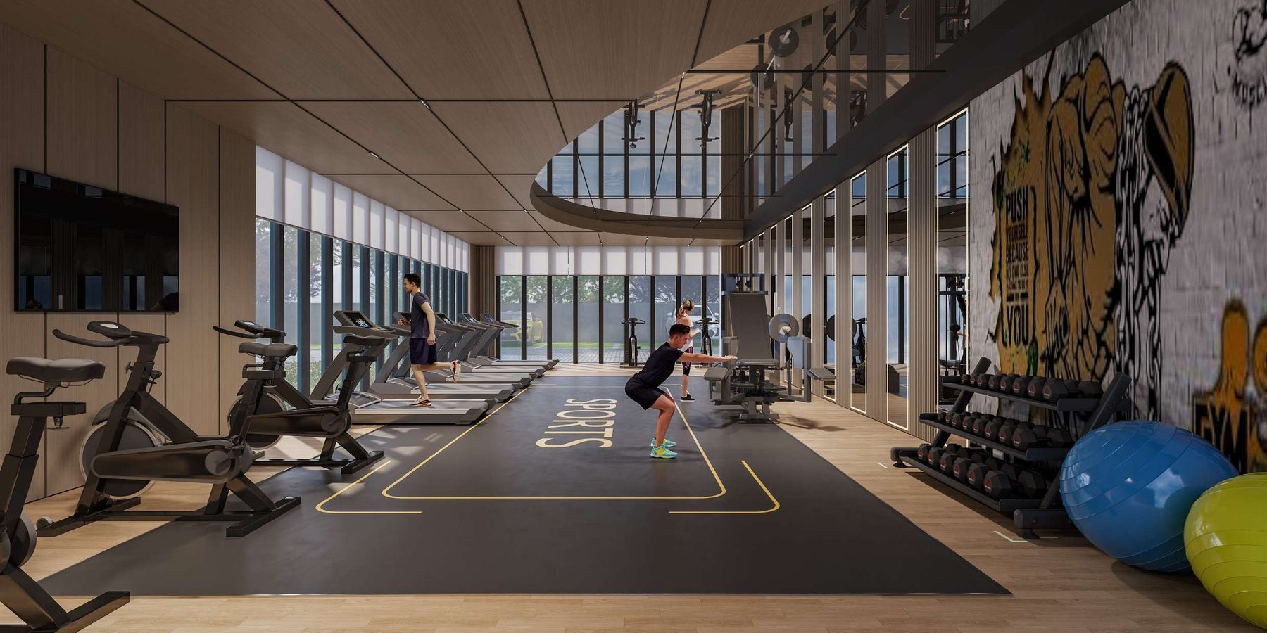 Glass-walled gym with cardio and free weights