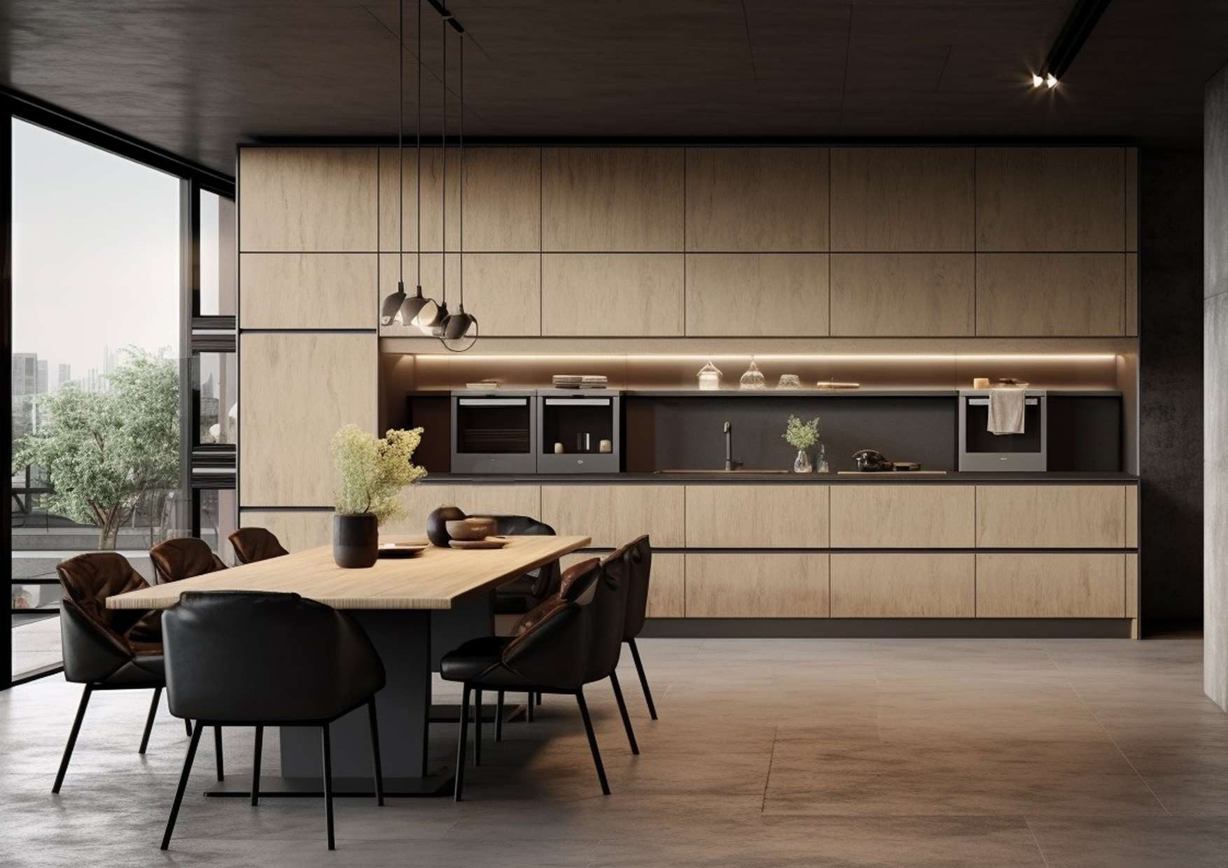Kitchen with wooden cabinets and dining table
