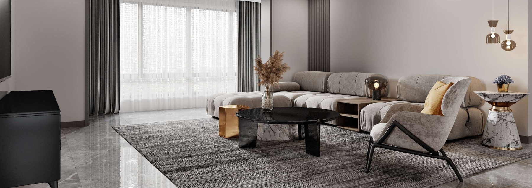 Living room with sofa and large windows