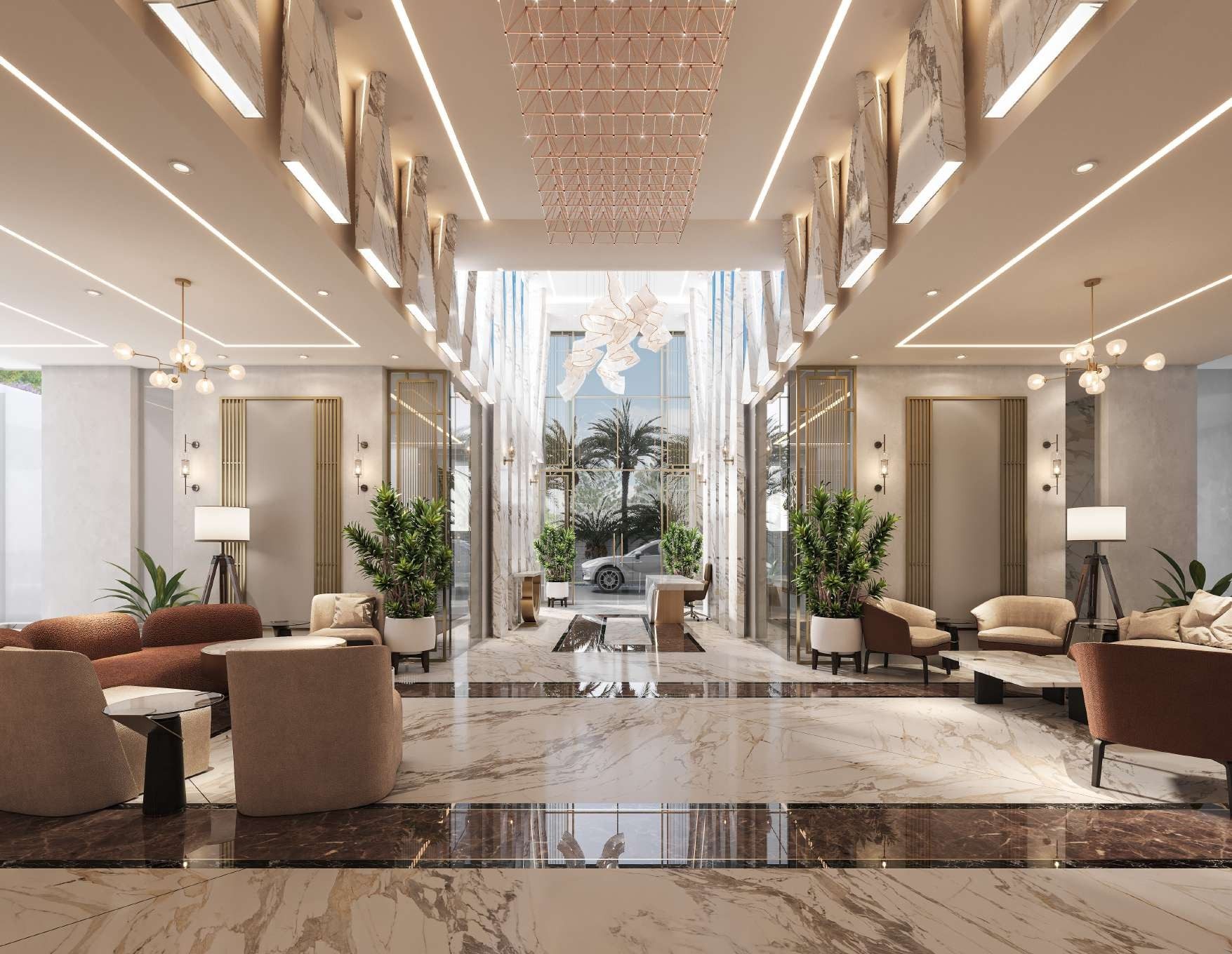Double-height entrance lobby with Italian marble