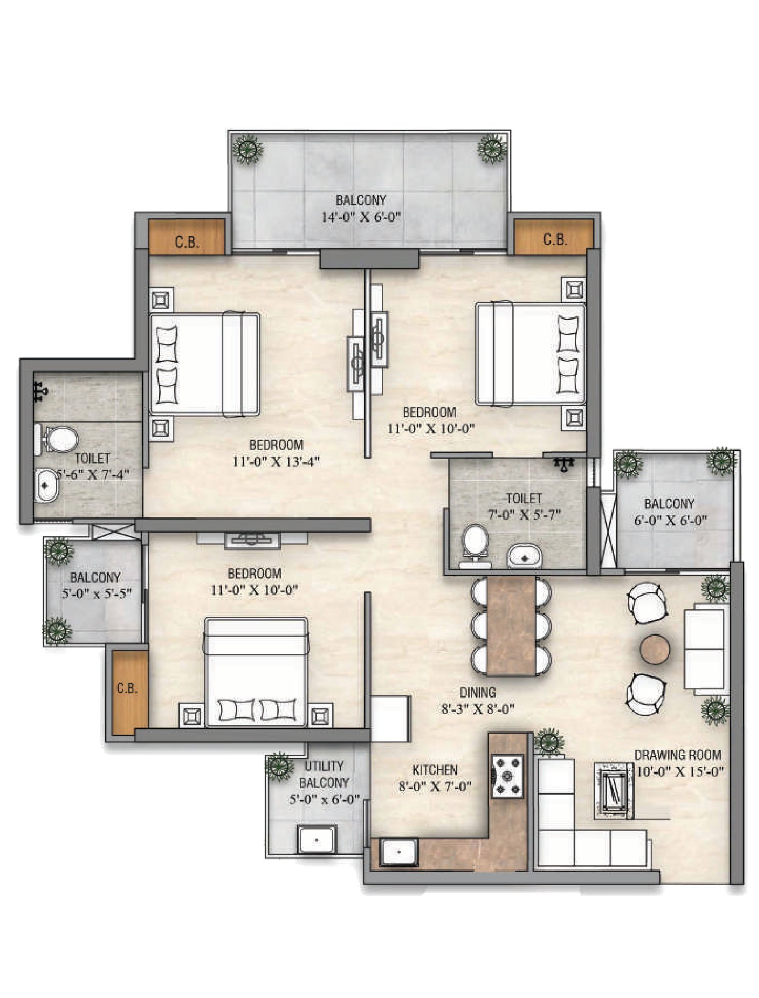 Floor plan — 3 BHK + 2 Toilets, 1,425 sq.ft