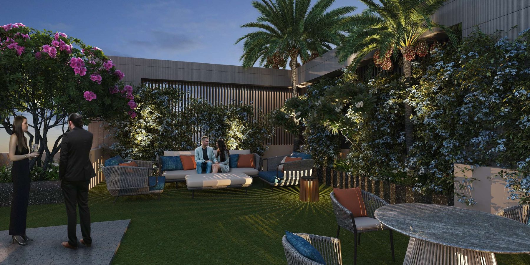 Landscaped rooftop terrace lawn with lounge seating