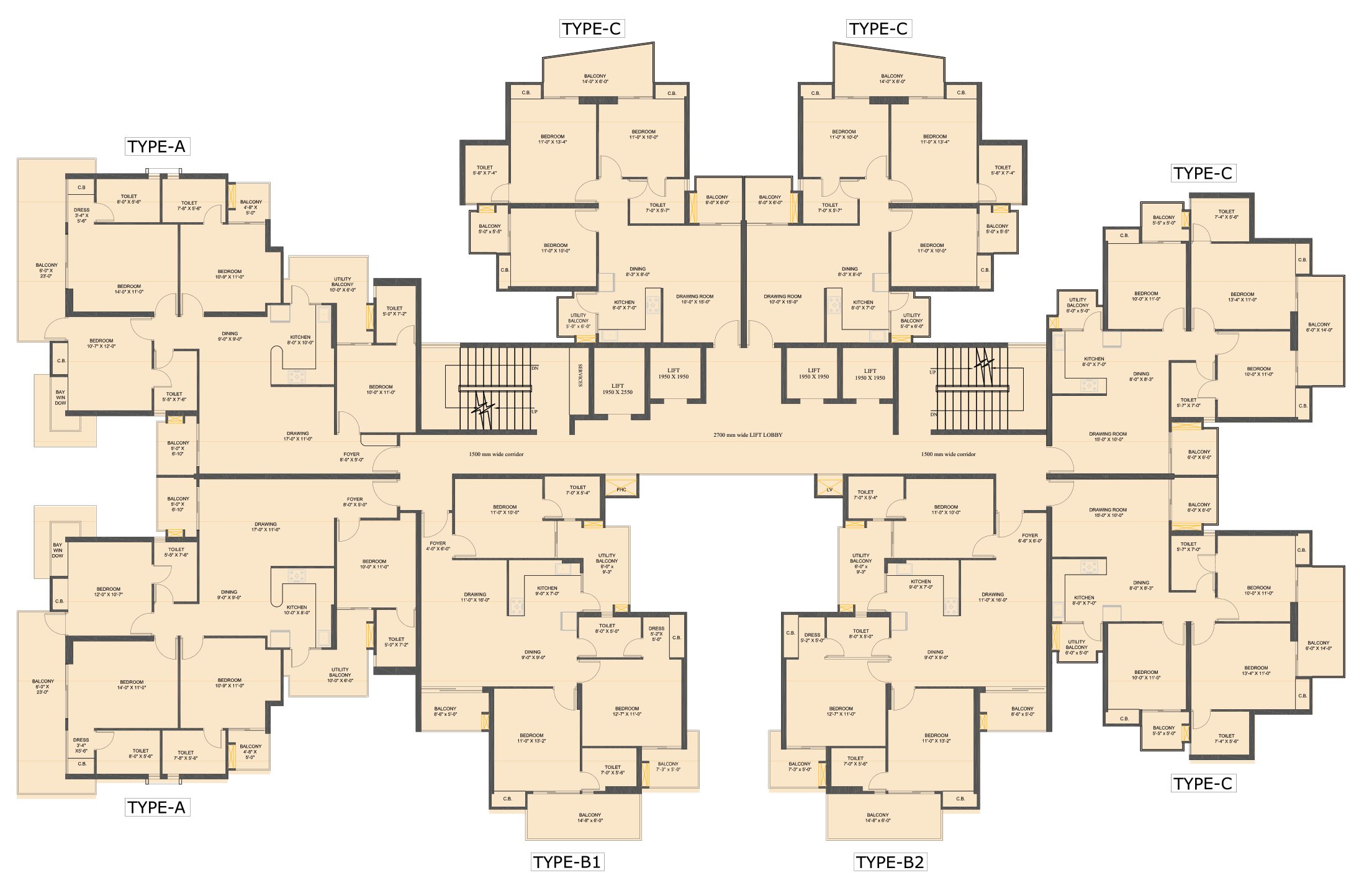 Vridhi+ Premium Tower typical floor plan with four lifts